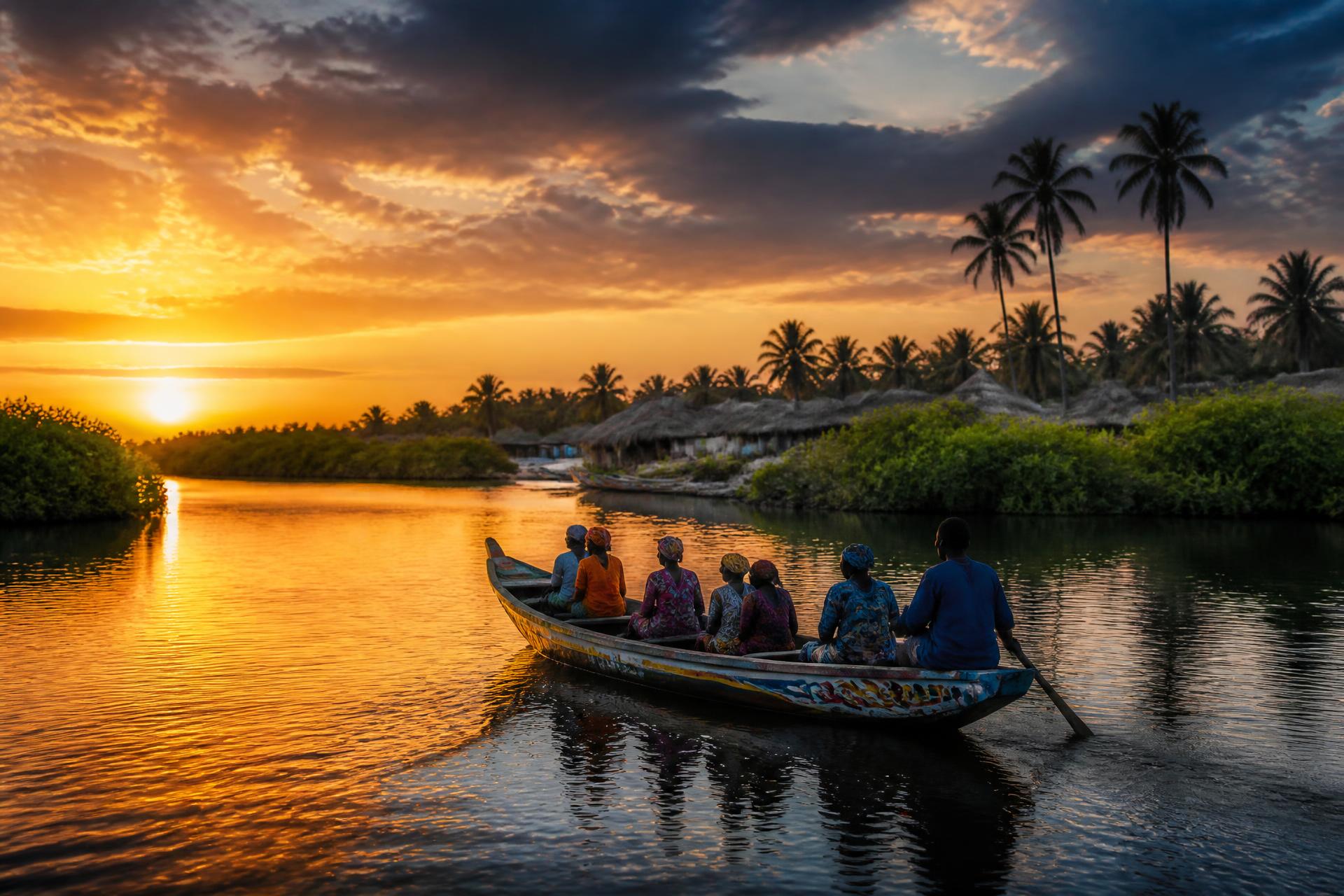 Coucher de soleil sur le Delta du Saloum avec des pirogues traditionnelles